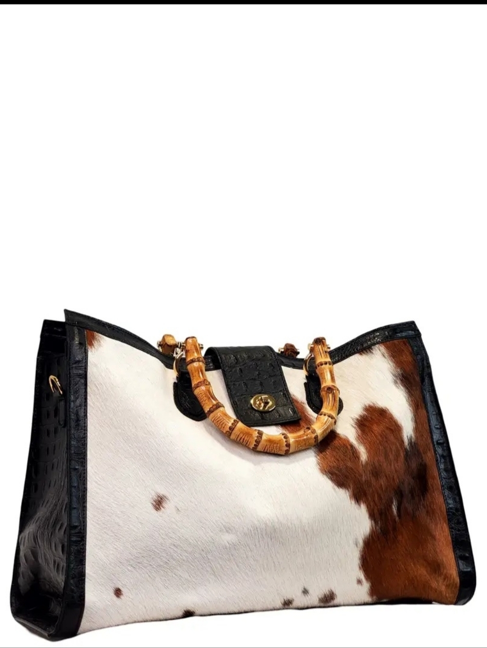Leontina XI Women’s Cowhide Bamboo-Handle Tote Bag - White & Brown